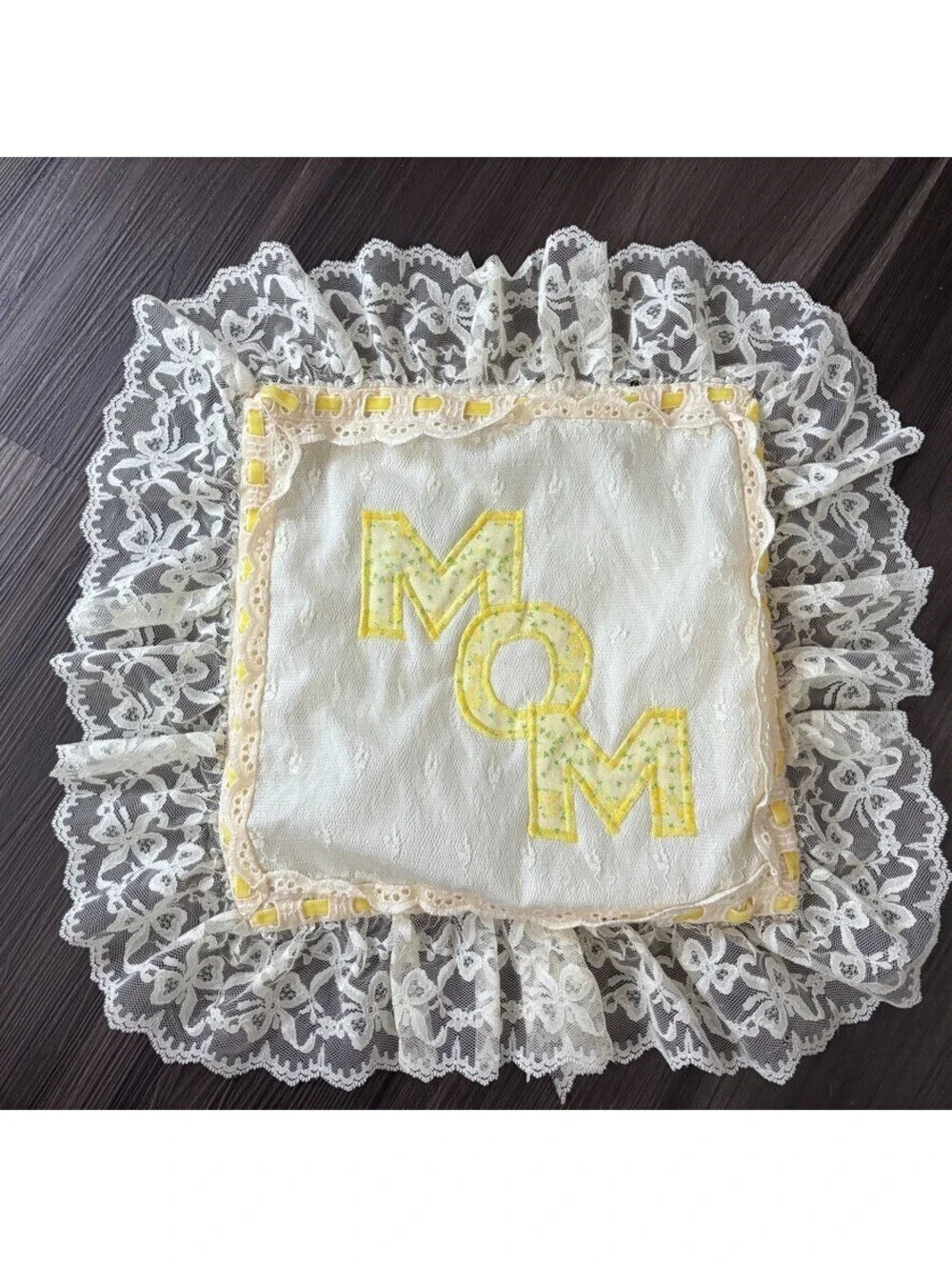 Vintage Handmade MOM Applique Throw Pillow Cover Case Lace Trim Yellow